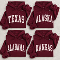 Custom State Pride Hoodie, Personalized State Name Varsity Pullover, Retro USA Travel Souvenir Gift for Hometown Fans