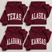 Custom State Pride Hoodie, Personalized State Name Varsity Pullover, Retro USA Travel Souvenir Gift for Hometown Fans