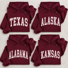 Custom State Pride Hoodie, Personalized State Name Varsity Pullover, Retro USA Travel Souvenir Gift for Hometown Fans