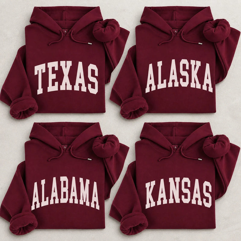 Custom State Pride Hoodie, Personalized State Name Varsity Pullover, Retro USA Travel Souvenir Gift for Hometown Fans