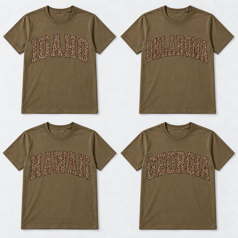 Custom State Pride Shirt, Leopard Print Varsity Letters