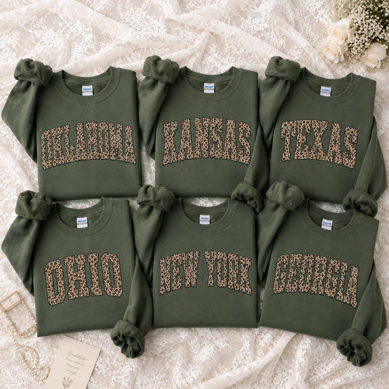 Custom State Sweatshirt, Leopard Print Varsity Shirt