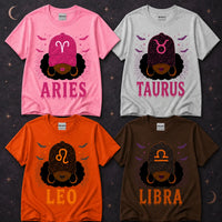 Custom Zodiac Sign Astrology Graphic T-Shirt, Celestial Star Sign Halloween & Birthday Tee