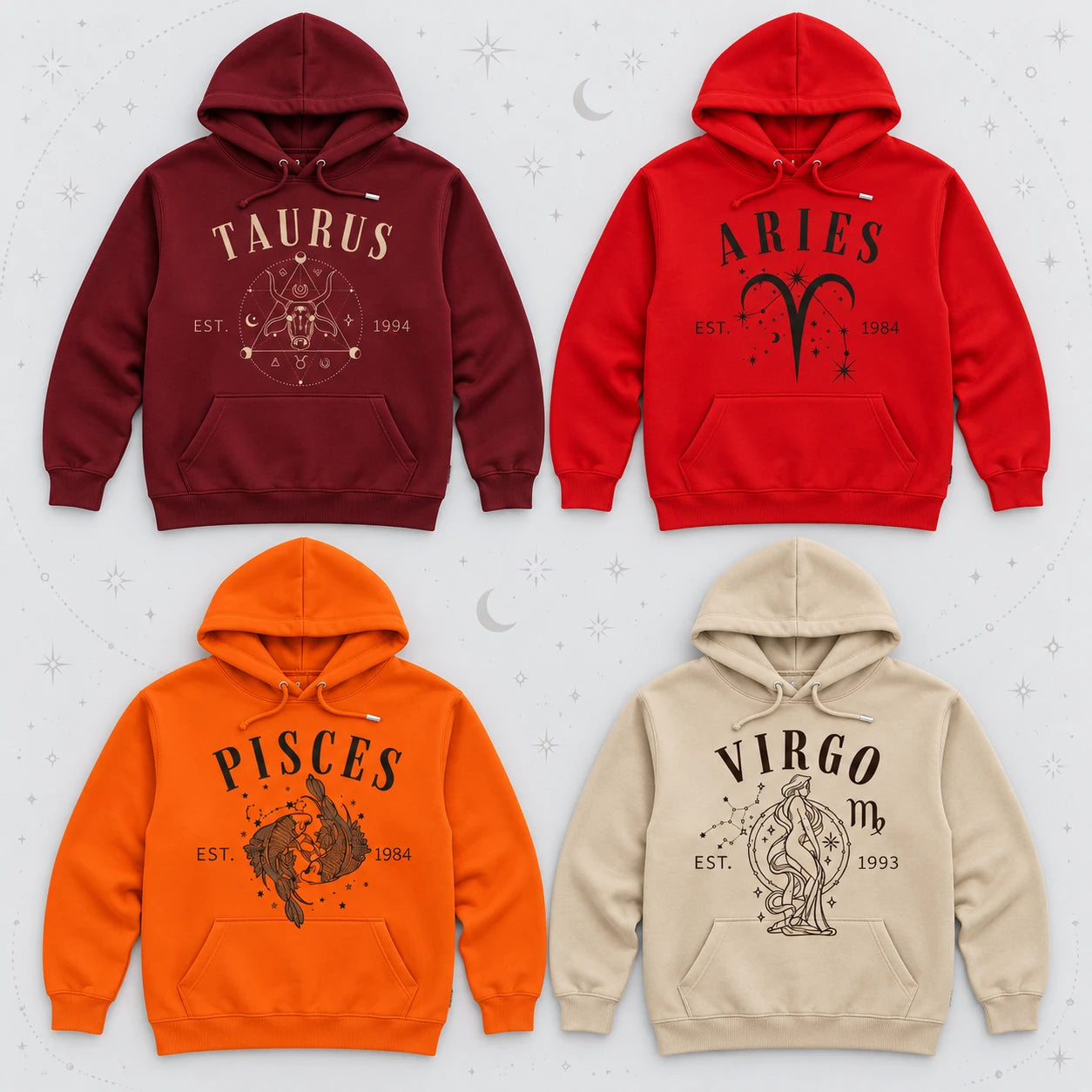 Custom Zodiac Sign Hoodie, Personalized Star Sign and Optional Birth Year, Retro Celestial Birthday Gift