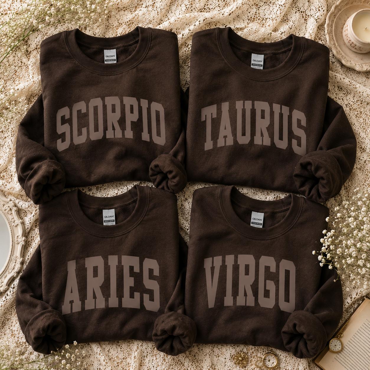 Custom Zodiac Sweatshirt, Varsity Sign Name EST Year