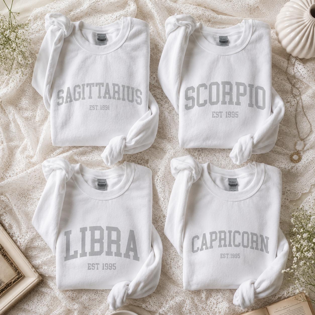 Custom Zodiac Sweatshirt, Varsity Sign Name EST Year