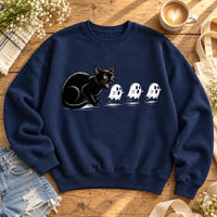Cute Black Cat Scaring Ghosts Halloween Sweatshirt, Spooky Fall Graphic Pullover Crewneck Tops