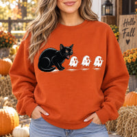 Cute Black Cat Scaring Ghosts Halloween Sweatshirt, Spooky Fall Graphic Pullover Crewneck Tops