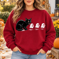 Cute Black Cat Scaring Ghosts Halloween Sweatshirt, Spooky Fall Graphic Pullover Crewneck Tops
