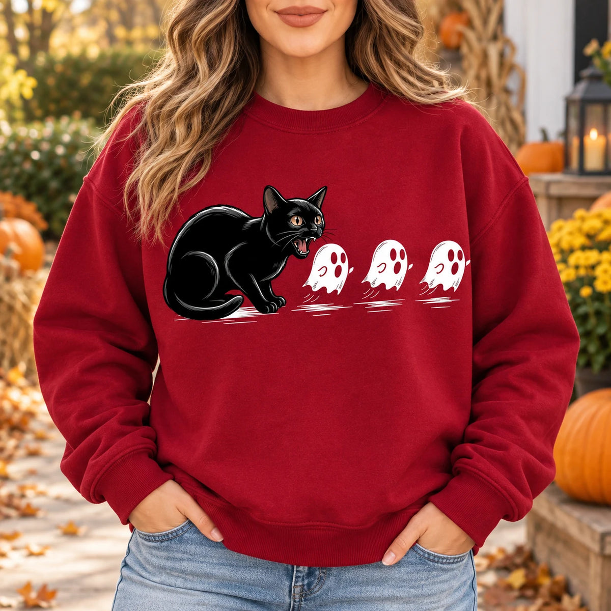 Cute Black Cat Scaring Ghosts Halloween Sweatshirt, Spooky Fall Graphic Pullover Crewneck Tops
