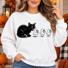 Cute Black Cat Scaring Ghosts Halloween Sweatshirt, Spooky Fall Graphic Pullover Crewneck Tops
