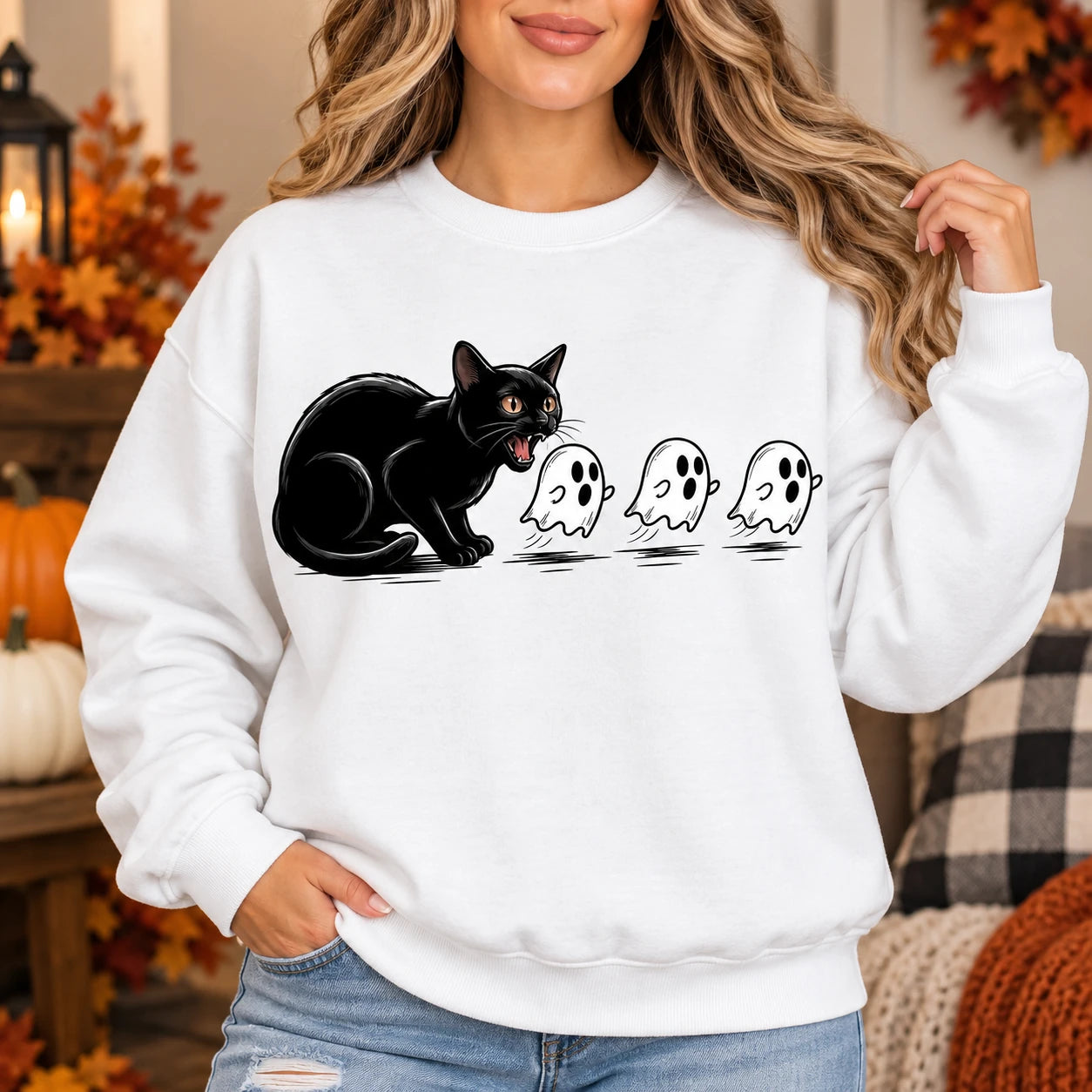 Cute Black Cat Scaring Ghosts Halloween Sweatshirt, Spooky Fall Graphic Pullover Crewneck Tops
