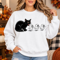 Cute Black Cat Scaring Ghosts Halloween Sweatshirt, Spooky Fall Graphic Pullover Crewneck Tops