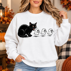 Cute Black Cat Scaring Ghosts Halloween Sweatshirt, Spooky Fall Graphic Pullover Crewneck Tops