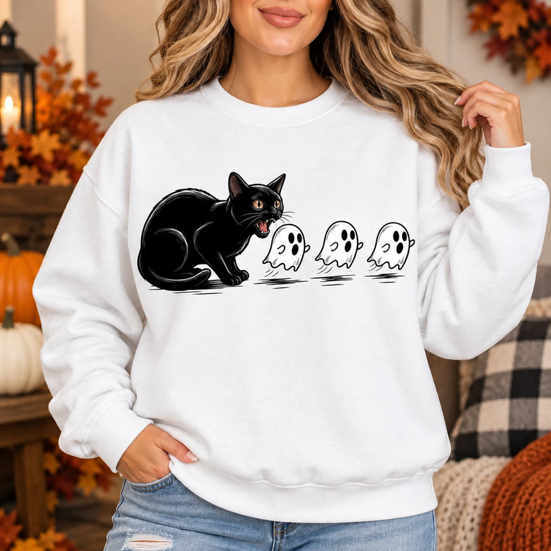Cute Black Cat Scaring Ghosts Halloween Sweatshirt, Spooky Fall Graphic Pullover Crewneck Tops