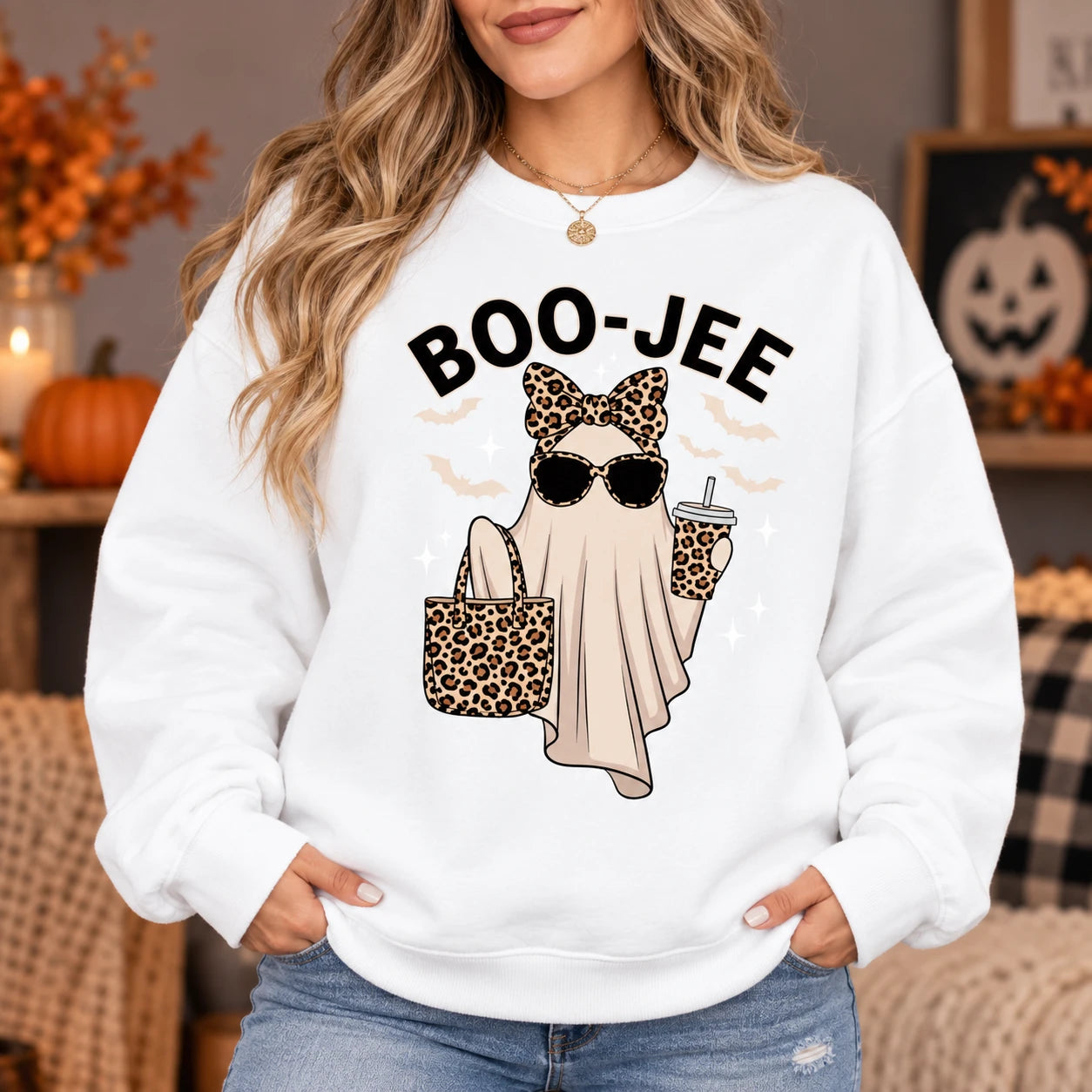 Cute Boojee Ghost Graphic Pullover - Trendy BOO-JEE Halloween Sweatshirt with Leopard Bow & Iced Coffee for Women