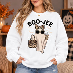 Cute Boojee Ghost Graphic Pullover - Trendy BOO-JEE Halloween Sweatshirt with Leopard Bow & Iced Coffee for Women