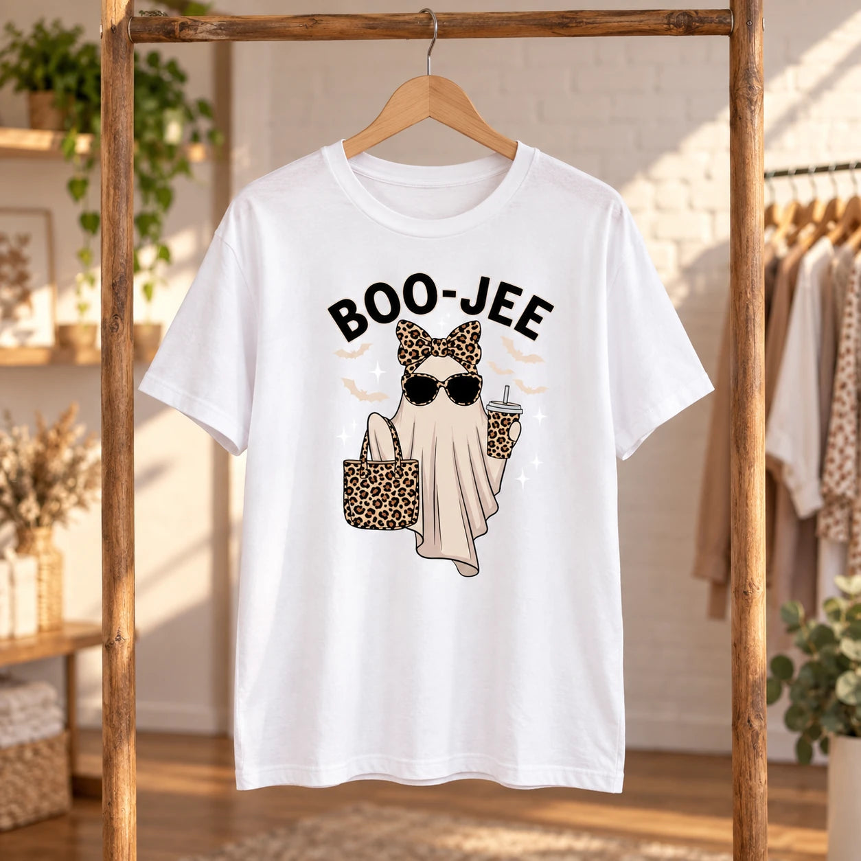Cute Boojee Ghost Graphic Pullover - Trendy BOO-JEE Halloween Sweatshirt with Leopard Bow & Iced Coffee for Women