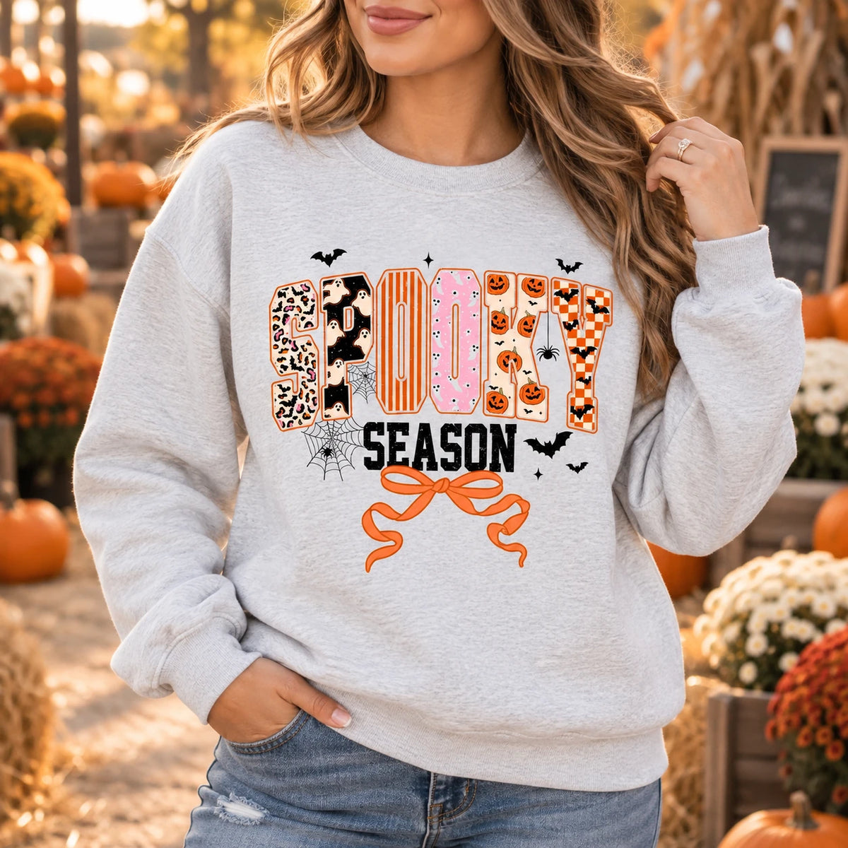 Cute Coquette Ghost & Pumpkin Graphic Spooky Season Top, Retro Fall Halloween Apparel for Women