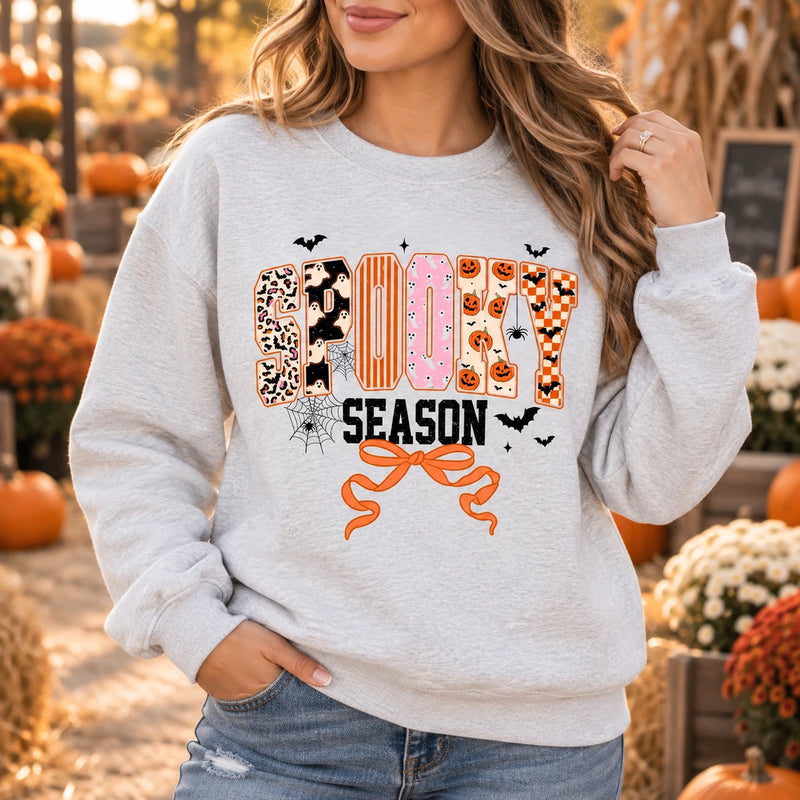 Cute Coquette Ghost & Pumpkin Graphic Spooky Season Top, Retro Fall Halloween Apparel for Women