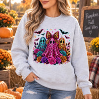 Cute Coquette Halloween Ghost Trio Sweatshirt - Colorful Leopard Print & Floral Spooky Season Top