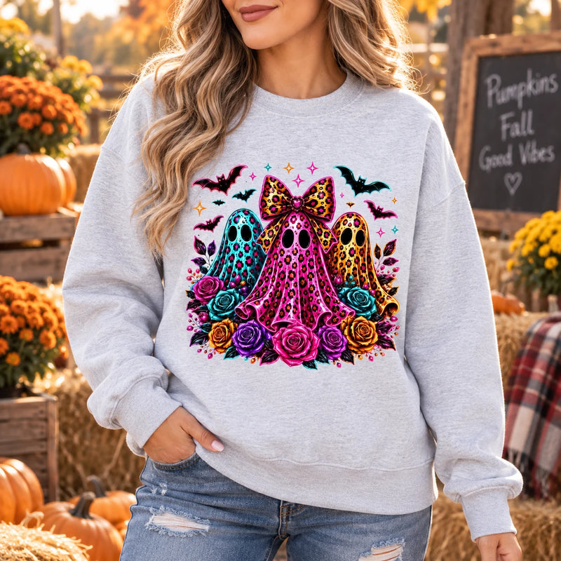 Cute Coquette Halloween Ghost Trio Sweatshirt - Colorful Leopard Print & Floral Spooky Season Top