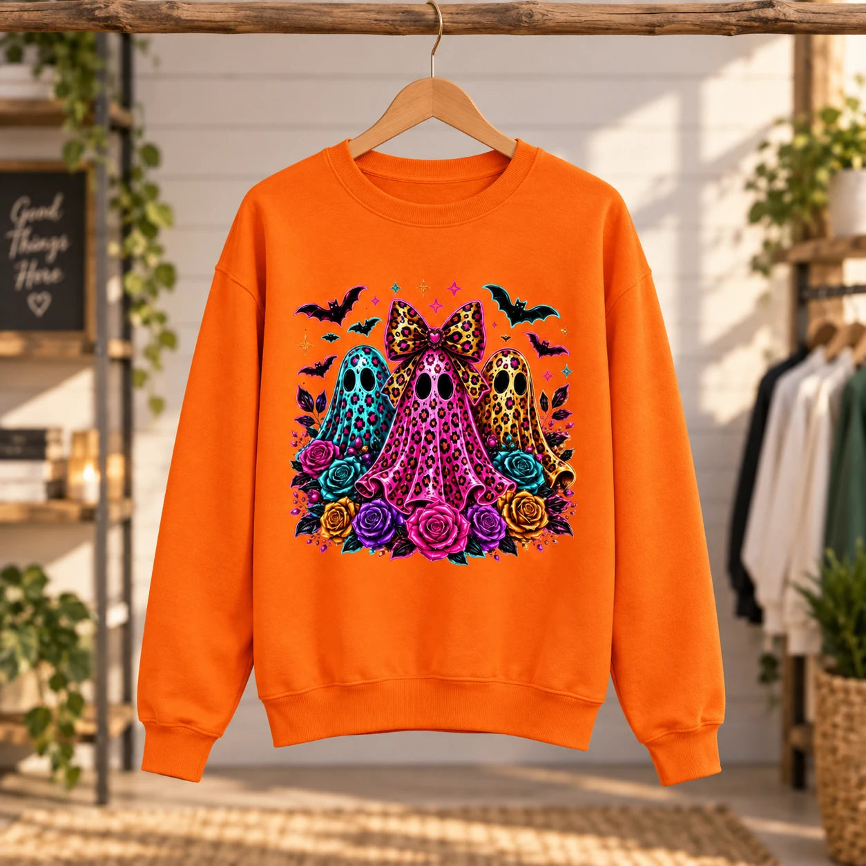 Cute Coquette Halloween Ghost Trio Sweatshirt - Colorful Leopard Print & Floral Spooky Season Top