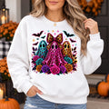 Cute Coquette Halloween Ghost Trio Sweatshirt - Colorful Leopard Print & Floral Spooky Season Top