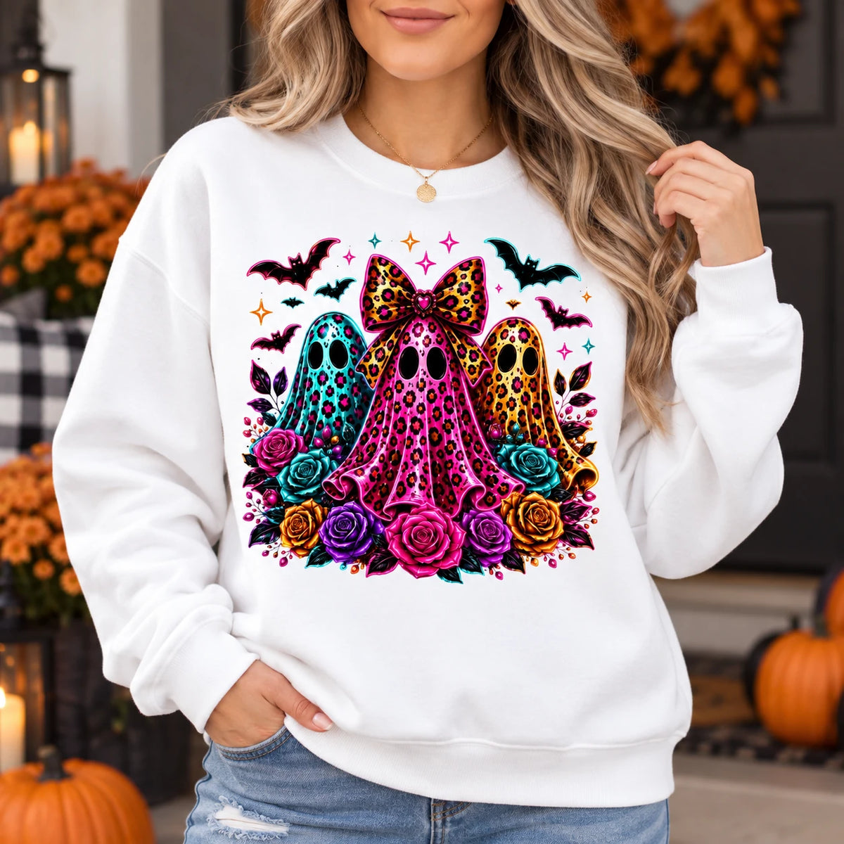 Cute Coquette Halloween Ghost Trio Sweatshirt - Colorful Leopard Print & Floral Spooky Season Top