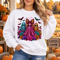 Cute Coquette Halloween Ghost Trio Sweatshirt - Colorful Leopard Print & Floral Spooky Season Top