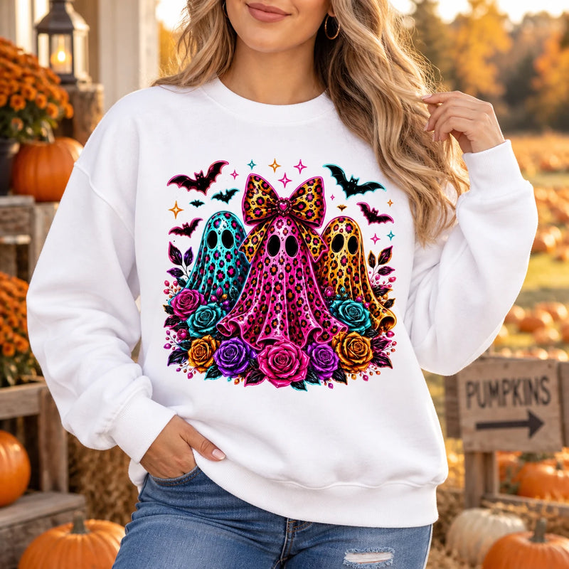 Cute Coquette Halloween Ghost Trio Sweatshirt - Colorful Leopard Print & Floral Spooky Season Top