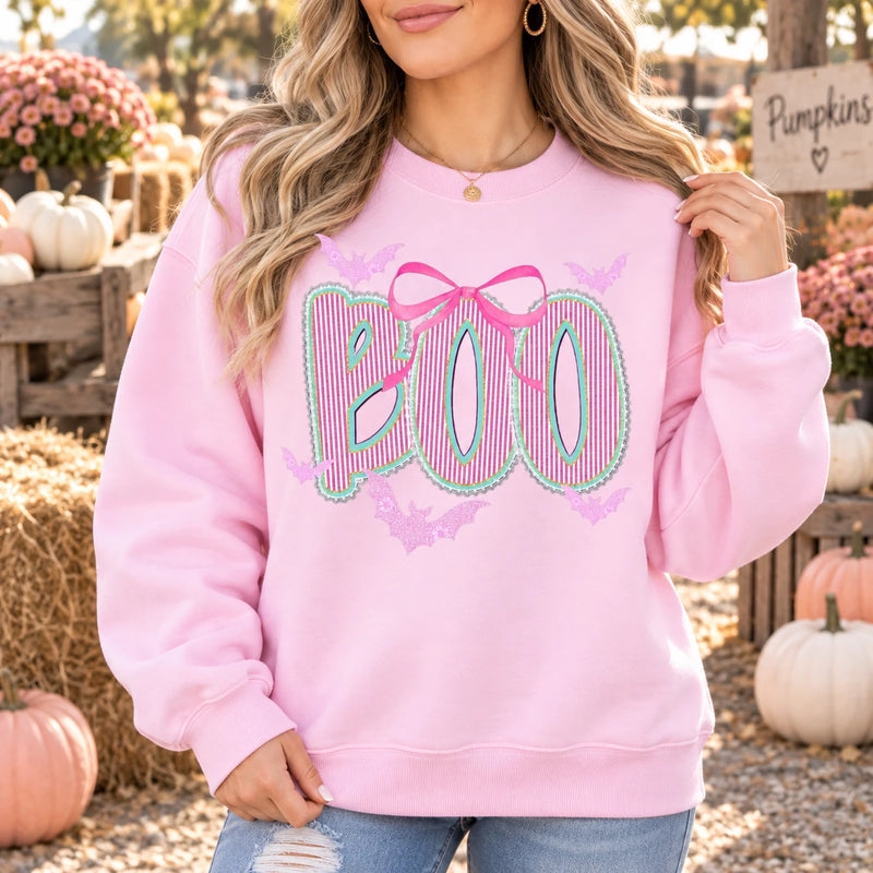 Cute Coquette Halloween Graphic Top Pink Bow BOO Bats Preppy Spooky Season Shirt