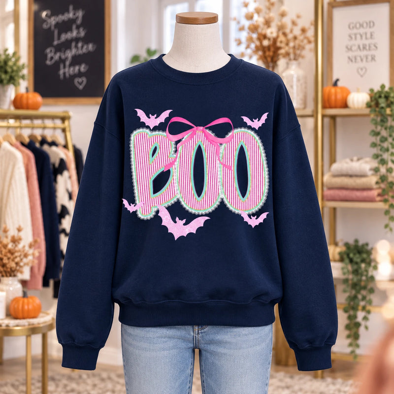 Cute Coquette Halloween Graphic Top Pink Bow BOO Bats Preppy Spooky Season Shirt