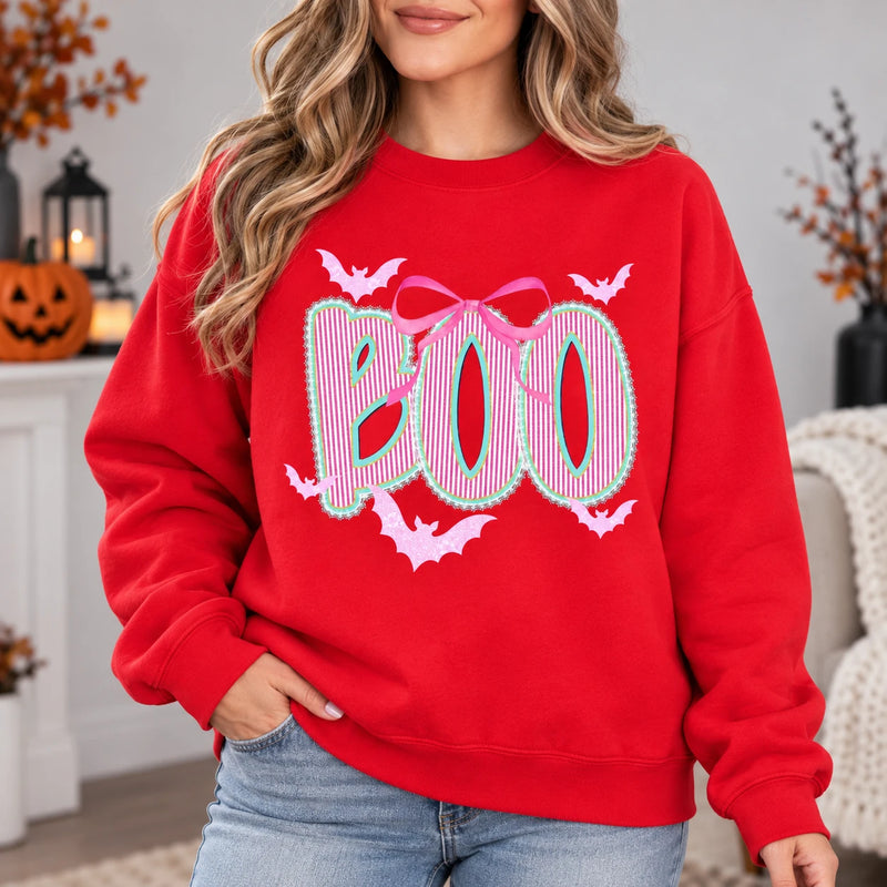 Cute Coquette Halloween Graphic Top Pink Bow BOO Bats Preppy Spooky Season Shirt