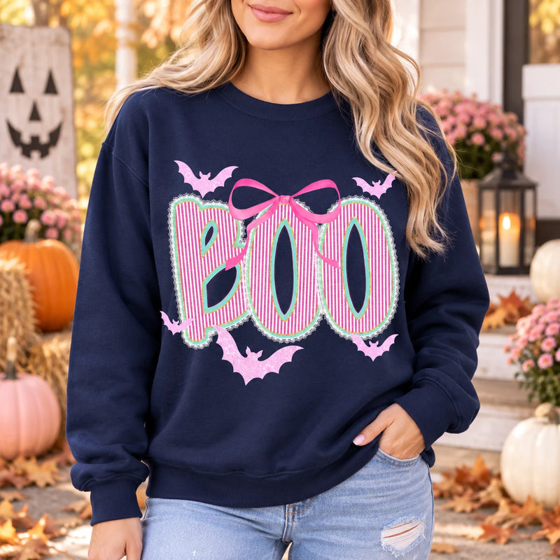Cute Coquette Halloween Graphic Top Pink Bow BOO Bats Preppy Spooky Season Shirt