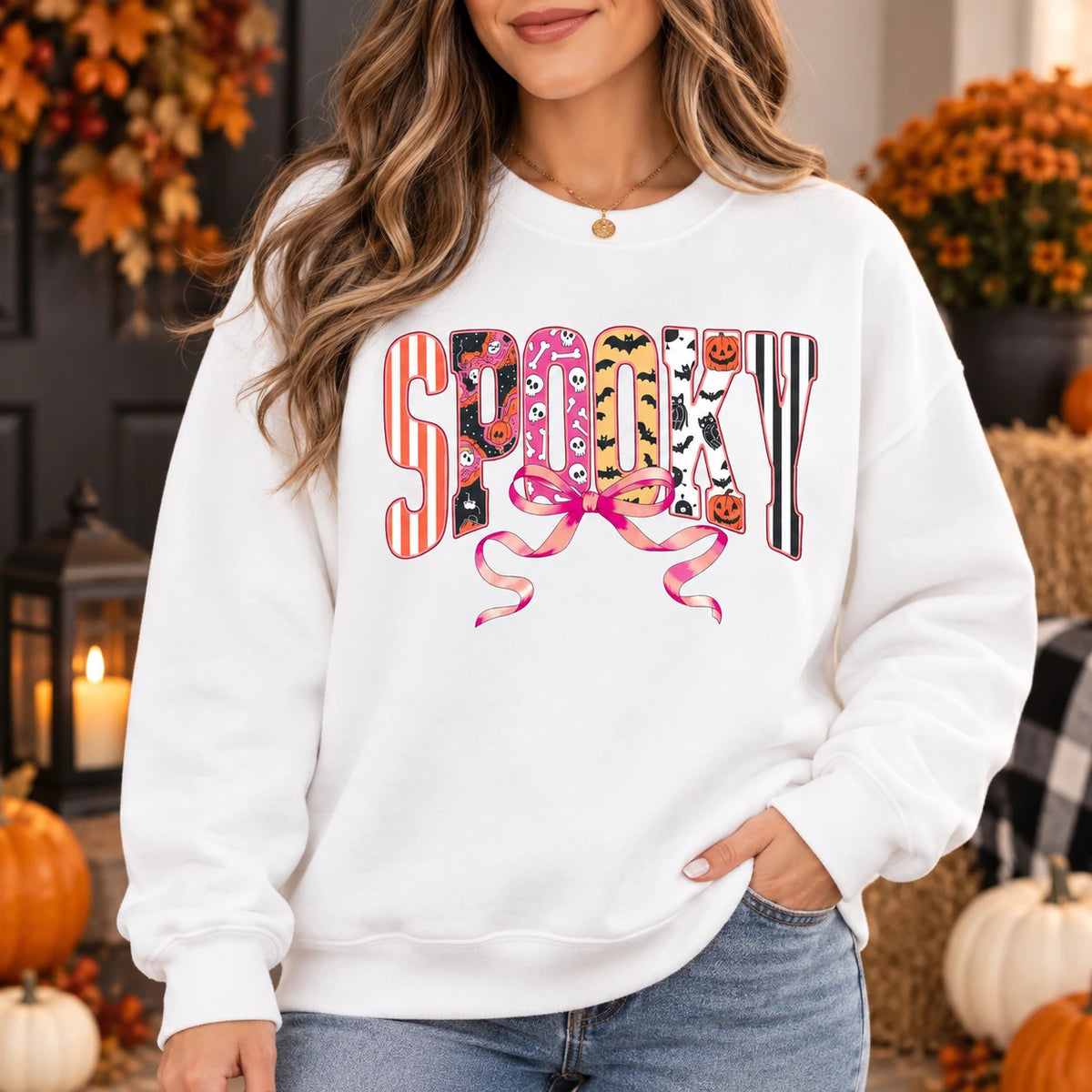 Cute Coquette Halloween Sweatshirt Retro Spooky Bow Fall Graphic Pullover
