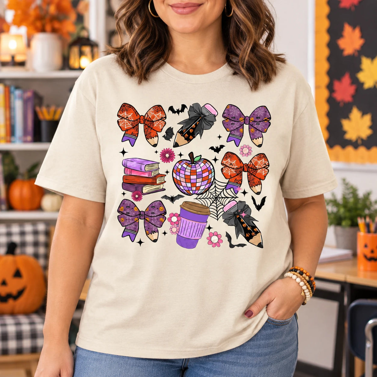 Cute Coquette Halloween Teacher T-Shirt Spooky Classroom Fall Graphic Tee