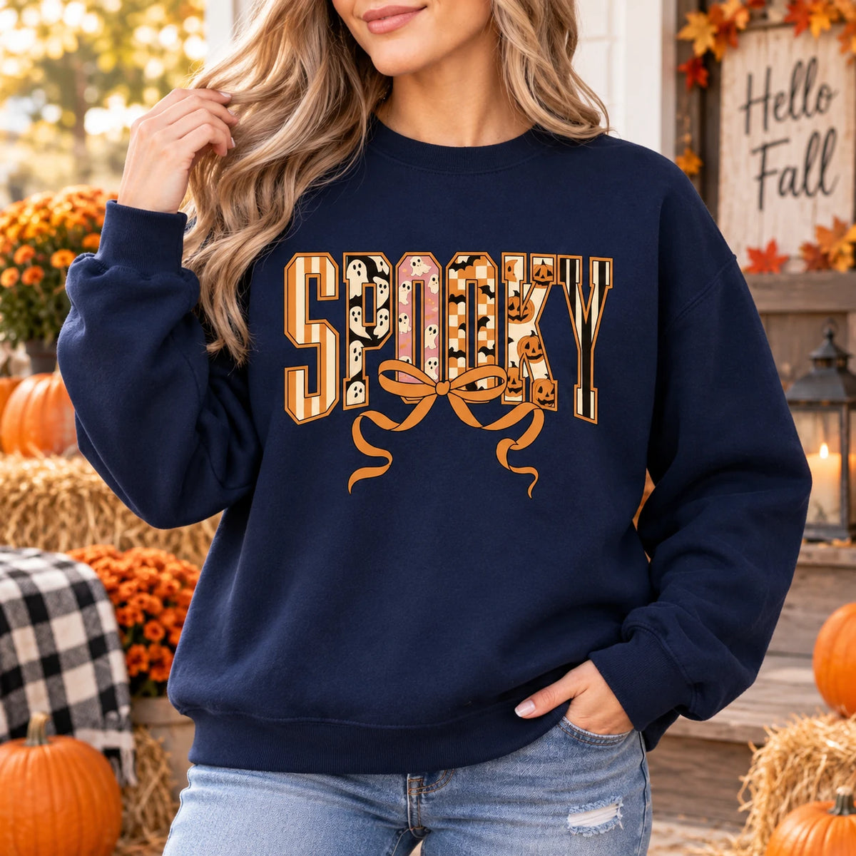 Cute Coquette Spooky Halloween Graphic Pullover Sweatshirt Retro Bow Fall Casual Top