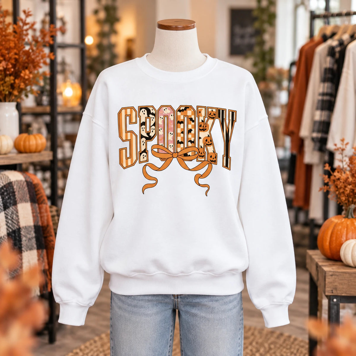 Cute Coquette Spooky Halloween Graphic Pullover Sweatshirt Retro Bow Fall Casual Top