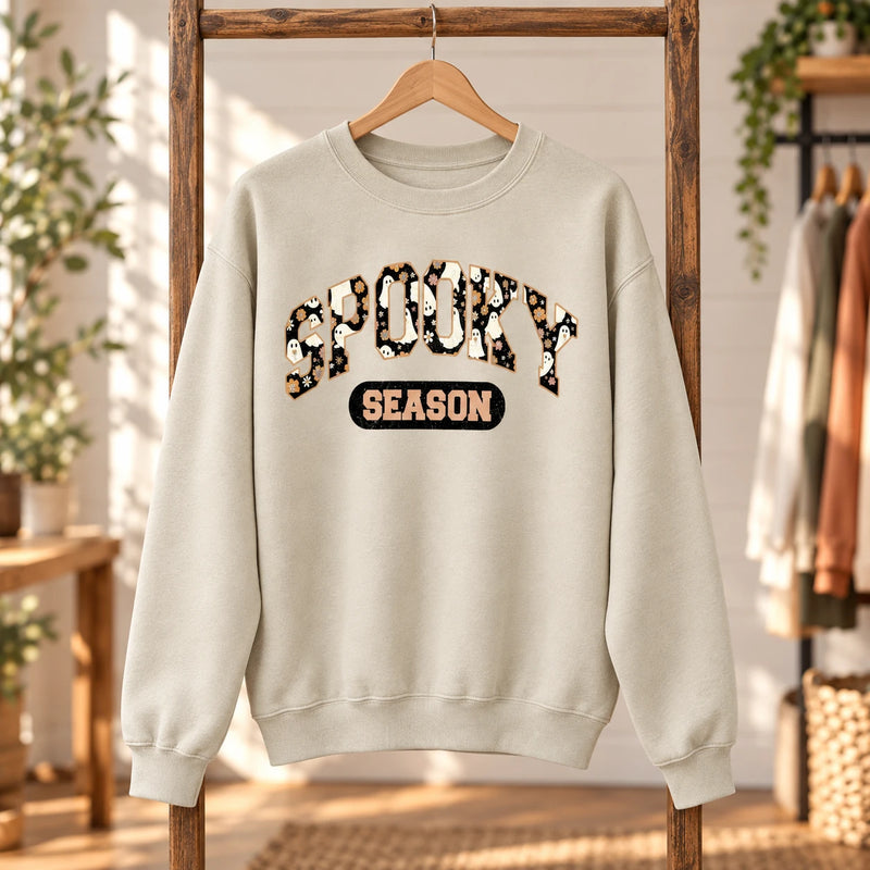 Cute Floral Ghost Spooky Season Sweatshirt Women Retro Varsity Halloween Crewneck Fall Graphic Top