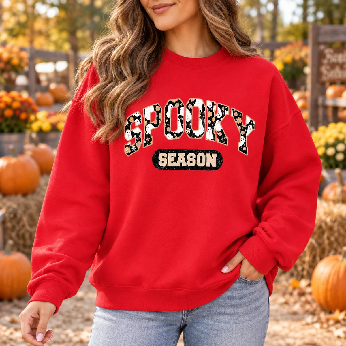 Cute Floral Ghost Spooky Season Sweatshirt Women Retro Varsity Halloween Crewneck Fall Graphic Top