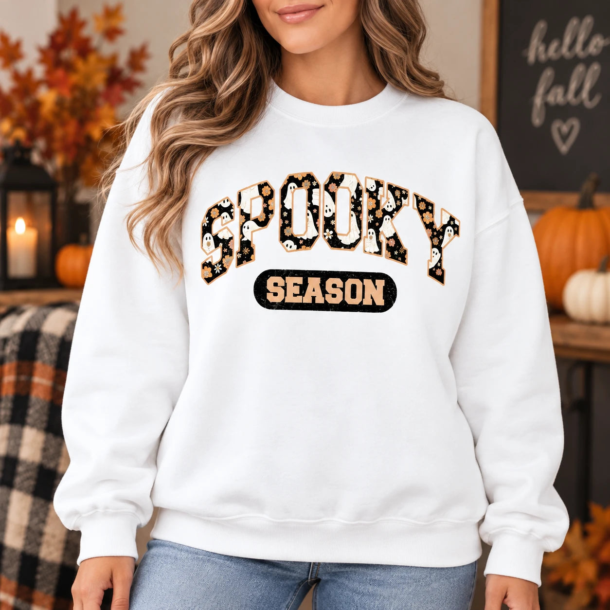 Cute Floral Ghost Spooky Season Sweatshirt Women Retro Varsity Halloween Crewneck Fall Graphic Top