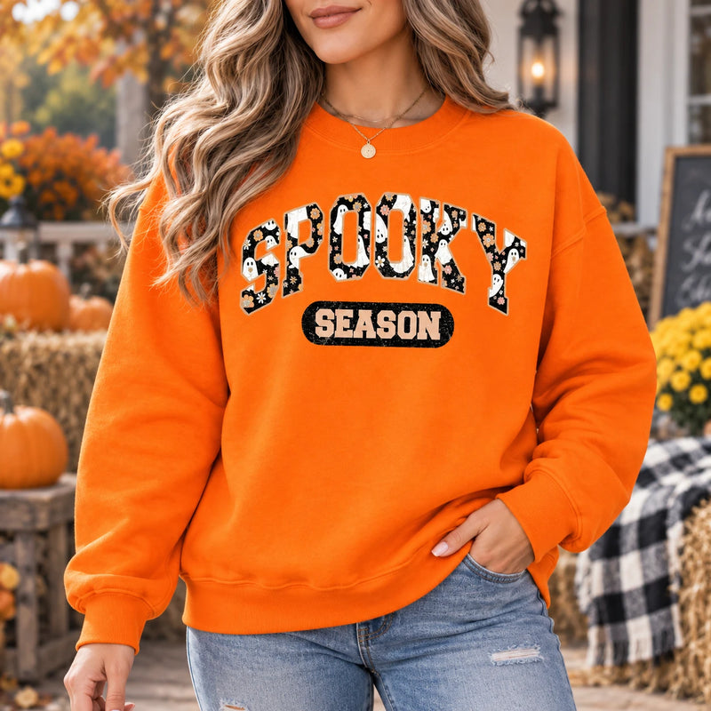 Cute Floral Ghost Spooky Season Sweatshirt Women Retro Varsity Halloween Crewneck Fall Graphic Top