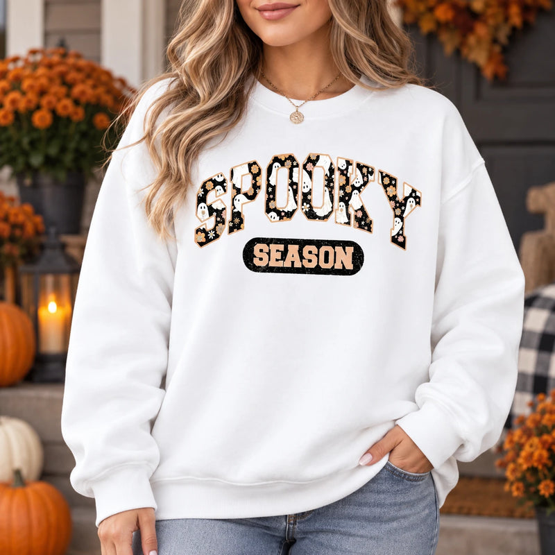 Cute Floral Ghost Spooky Season Sweatshirt Women Retro Varsity Halloween Crewneck Fall Graphic Top