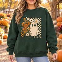 Cute Floral Ghost Sweatshirt Retro Boho Daisy Graphic Fall Crewneck Spooky Season Women Tops