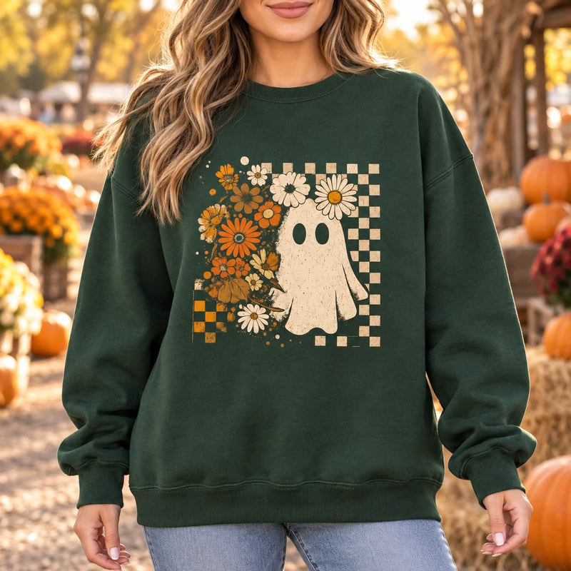 Cute Floral Ghost Sweatshirt Retro Boho Daisy Graphic Fall Crewneck Spooky Season Women Tops