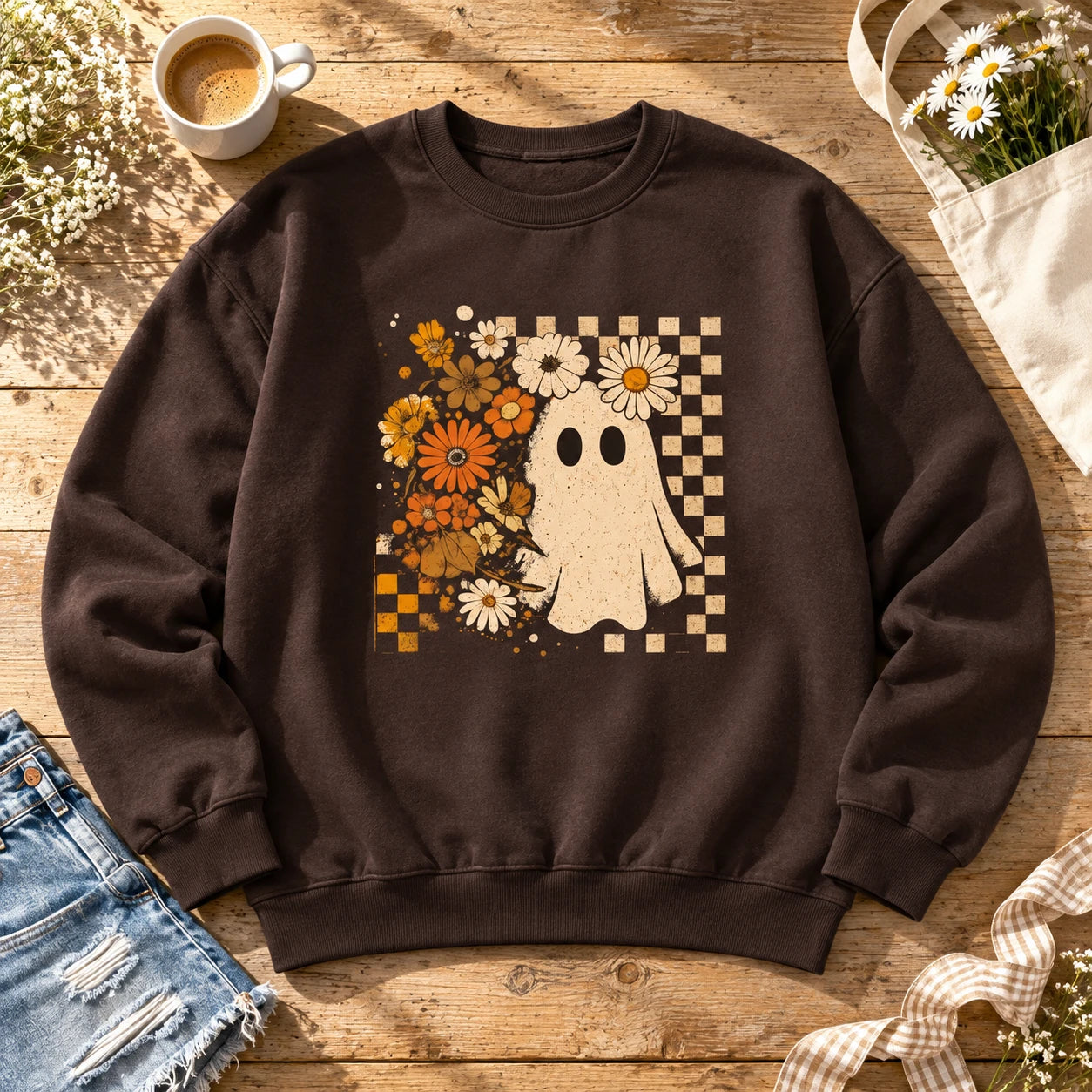 Cute Floral Ghost Sweatshirt Retro Boho Daisy Graphic Fall Crewneck Spooky Season Women Tops