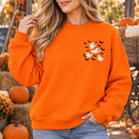 Cute Ghost and Bats Pocket Print Sweatshirt Fall Spooky Season Minimalist Halloween Pullover Top for Women