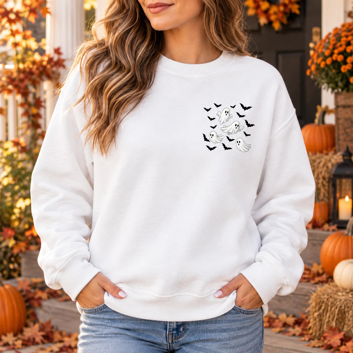 Cute Ghost and Bats Pocket Print Sweatshirt Fall Spooky Season Minimalist Halloween Pullover Top for Women