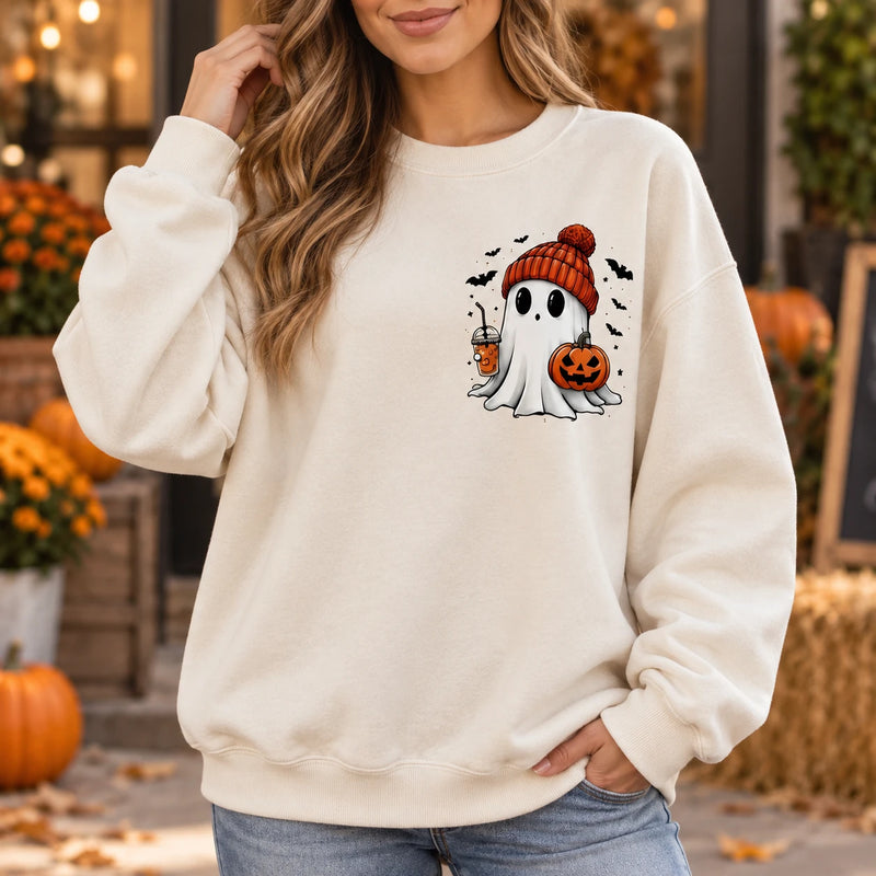 Cute Ghost Halloween Sweatshirt, Pumpkin Beanie Ghost